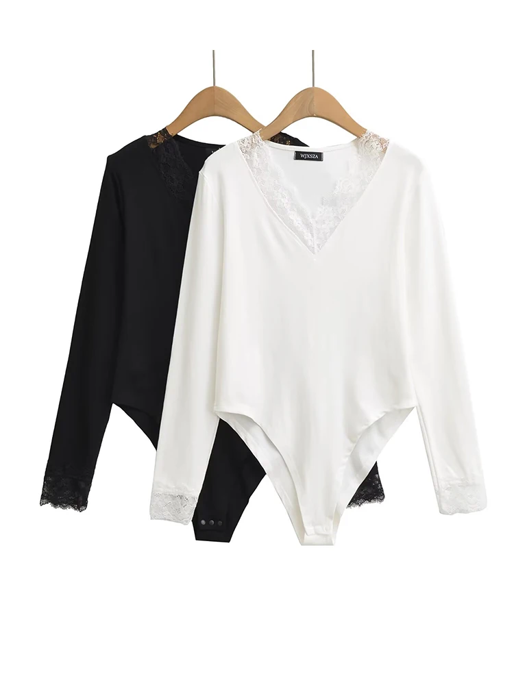 

Женские кружевные боди с длинным рукавом и v-образным вырезом, вязаные эластичные тонкие белые, черные топы, комбинезоны