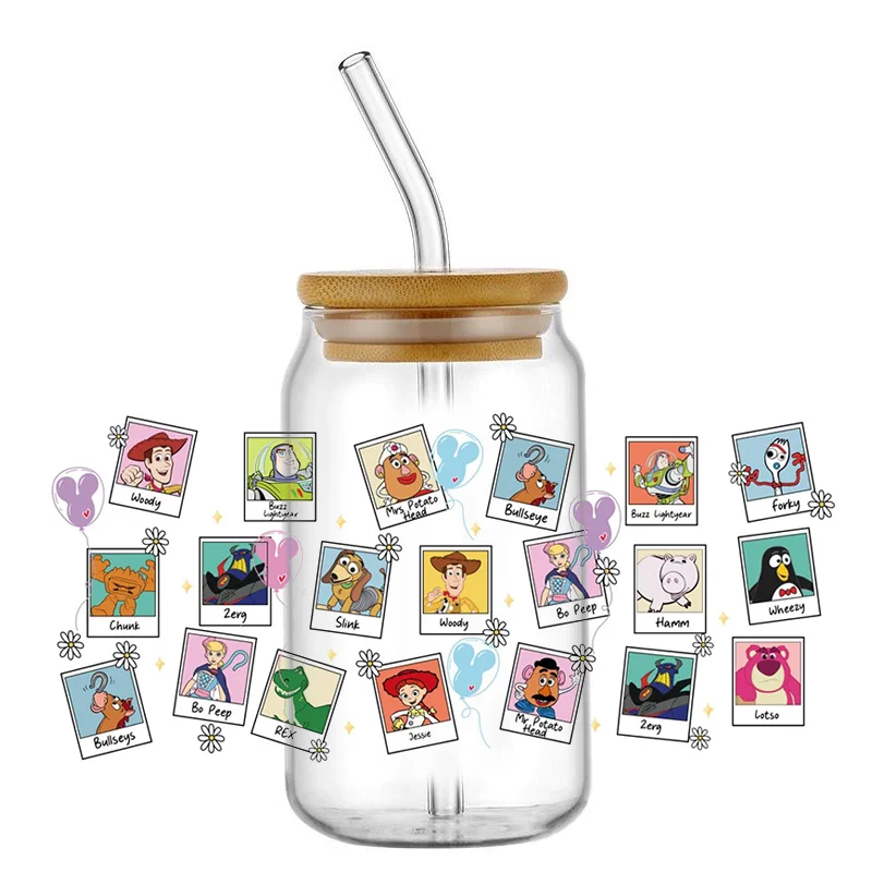 Miniso Cartoon Toy Story UV DTF Cup Wrap For 16oz Libbey Coffee Glass Can Cup 3D Wrap Easy peel waterproof DIY Decals