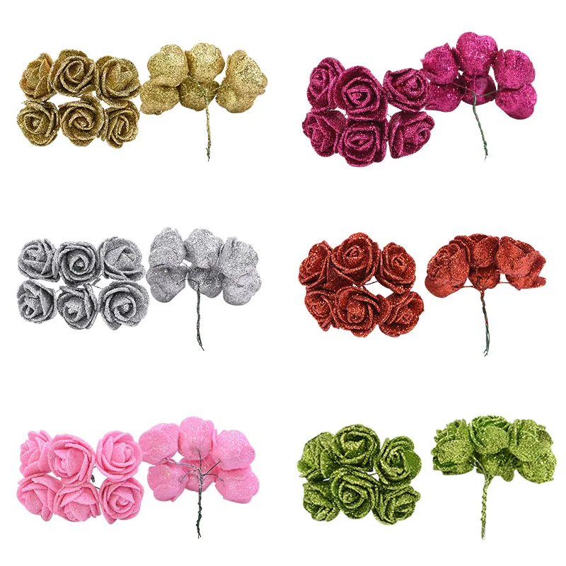 High Quality 36/72Pcs 3.5cm Glitter Gold Silver Red Artificial Flowers Fake Rose For Wedding Birthday Party Decoration DIY Craft