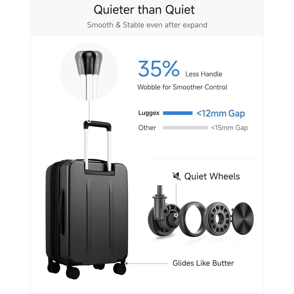 Expandable Polycarbonate Hard Shell Luggage Set, 2 Piece with Front Pocket, Black, 20 and 28 Inch Travel Suitcases