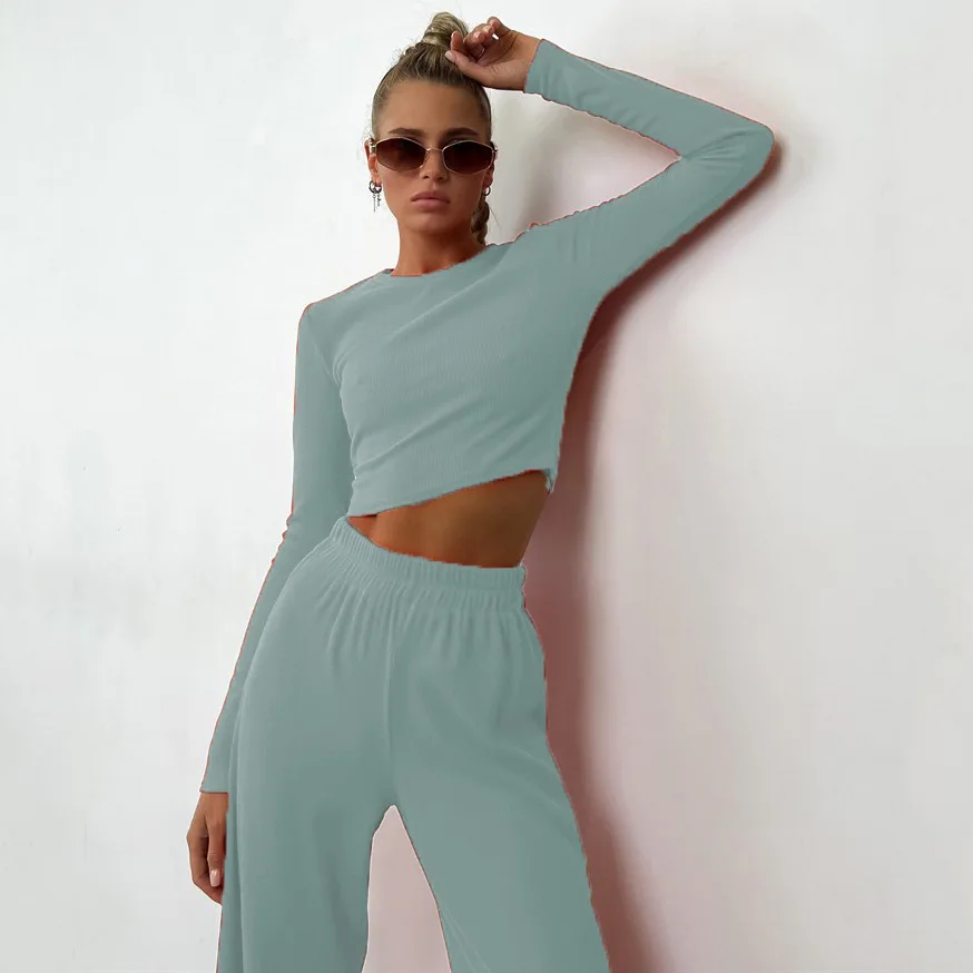 Two Piece Sets Women Solid Round Neck Full Sleeve Tops Casual Spliced High Waist Wide Leg Pants Elegant Lady Autumn Winter