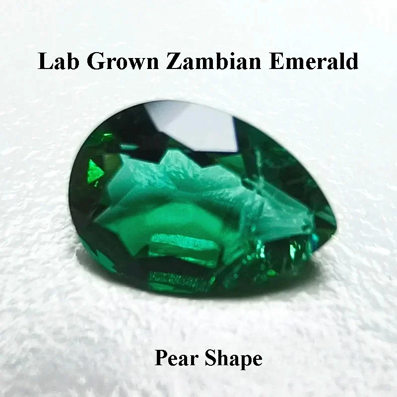 

Lab Grown Zambian Emerald Hydrothermal Hand Cutting Cut Pear Shape with Cracks Inclusions Inside Selectable AGL Certificate