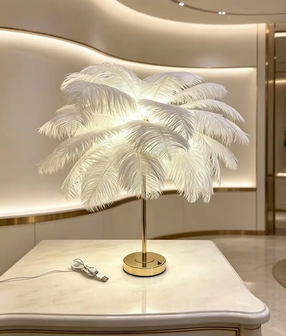 Rechargeable Feather Light With Built-In Battery, Portable Cordless DIY Home Living Room Coffee Table LED Decorative Lamp, Bedside Desk Lamp, Ins Style Girl Live Stream Atmosphere Light, Birthday Wedding Romantic Night Light，sr25090209056607787