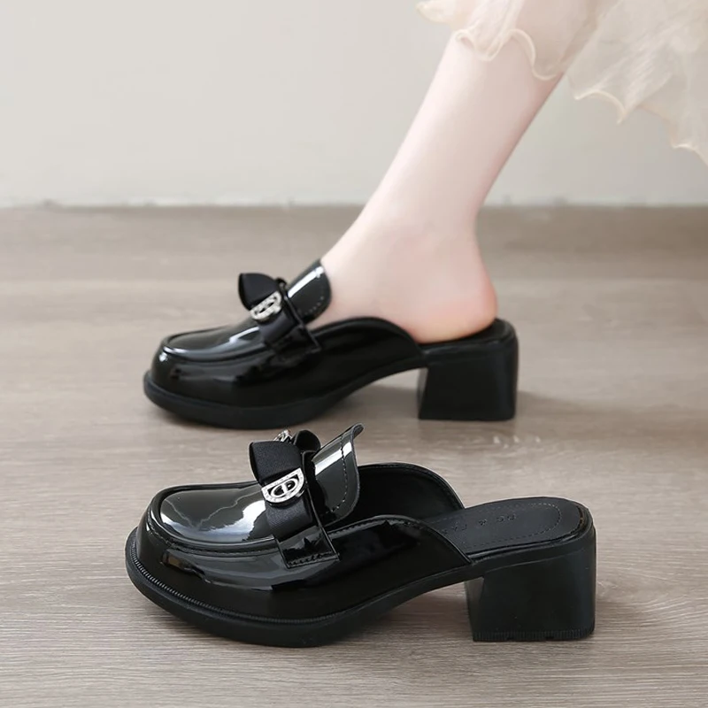 

CRLAYDK винтажные сабо для женщин, закрытые шлепанцы без шнуровки на массивном каблуке с круглым носком, платье с открытой спиной, кожаные офисные женские туфли с бантом