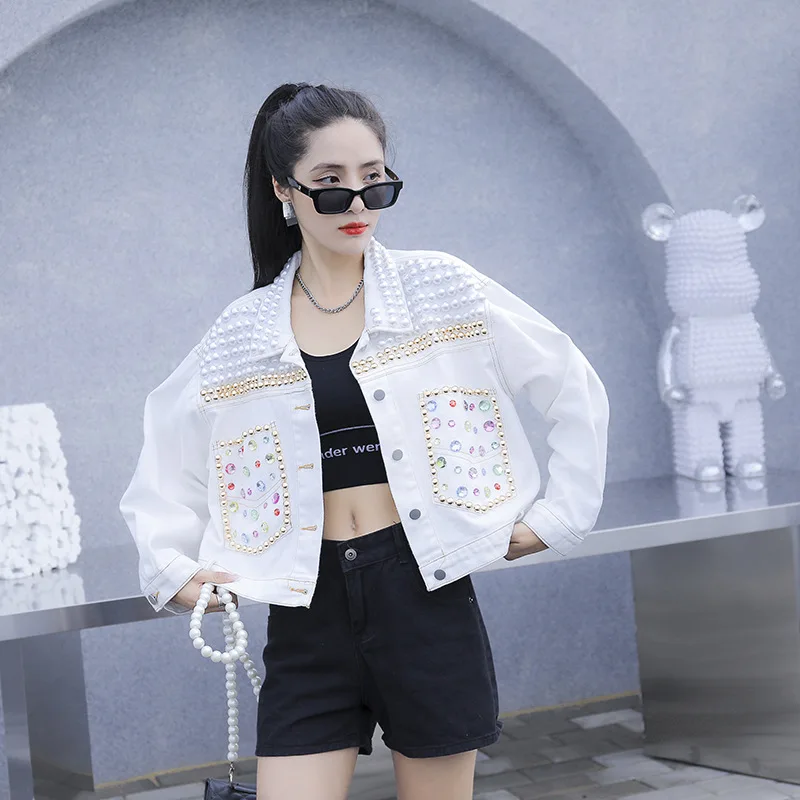 Thai Trendy Brand Spring and Autumn New Heavy Industry Beaded Denim Short Jacket Loose Foreign Style Fried Street Top Cross-bord