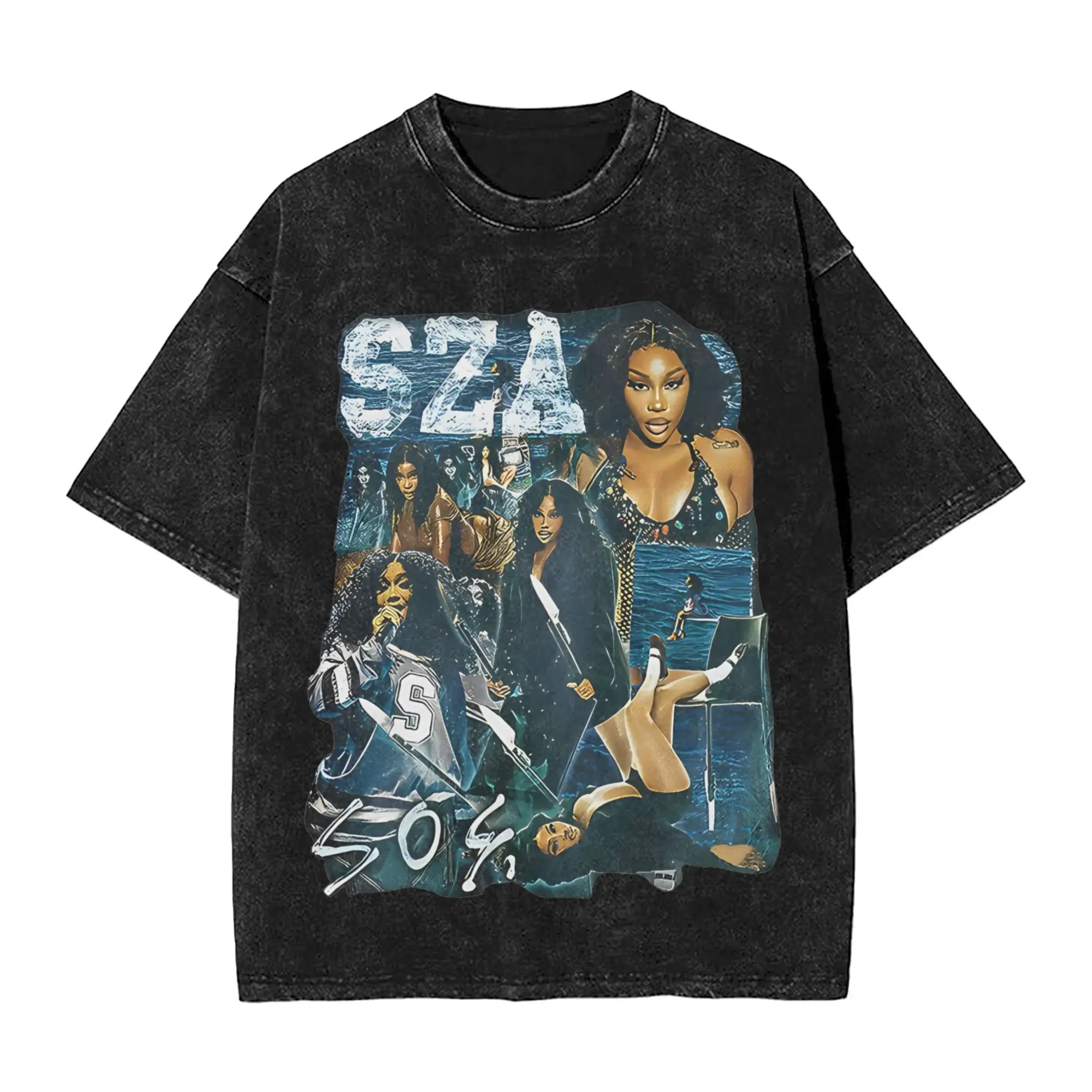 Vintage SZA SOS T Shirts Hip Hop Washed Short Sleeve Harajuku T-Shirt Punk Music Rap Retro Tops Streetwear Graphic Printed Tees