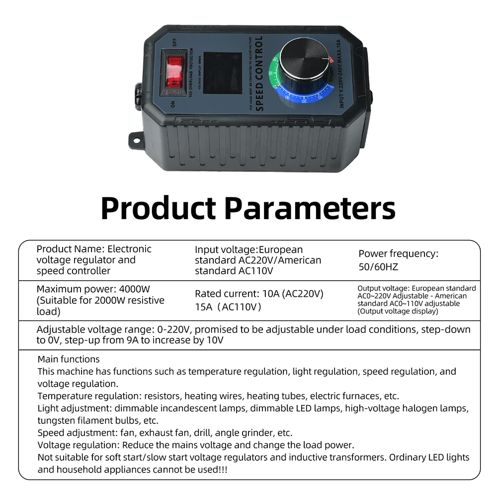 4000W Motorgeschwindigkeitsregler 10A AC 220V Hochleistungs-SCR-Spannungsregler für Ventilatoren, Winkelschleifer, industrielle Anwendungen – Detail 9