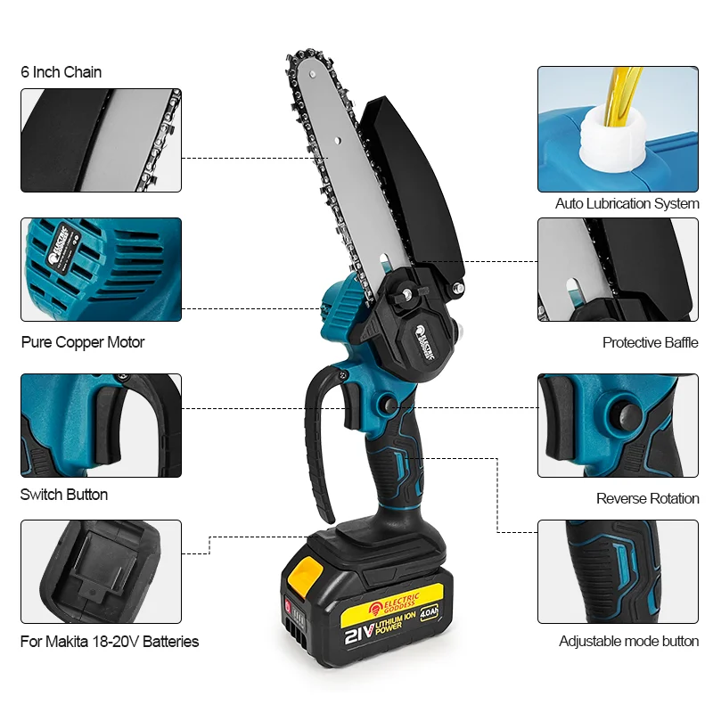 Brushless 1700RPM 6 Inch Mini Cordless Electric Chainsaw One Hand Portable Electric Saw For Makita 18V Battery Pin (No Battery)