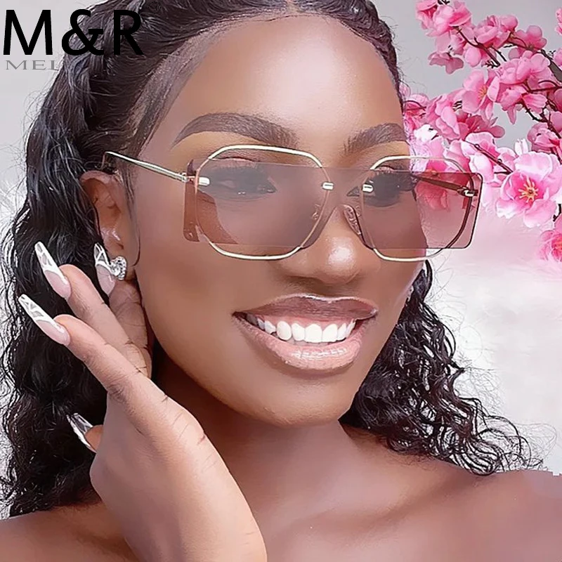 

Unique One Piece Hollow Lens Square Sunglasses For Women Vintage New Fashion Alloy Rimless Gradient Sun Glasses Men Chic Shades