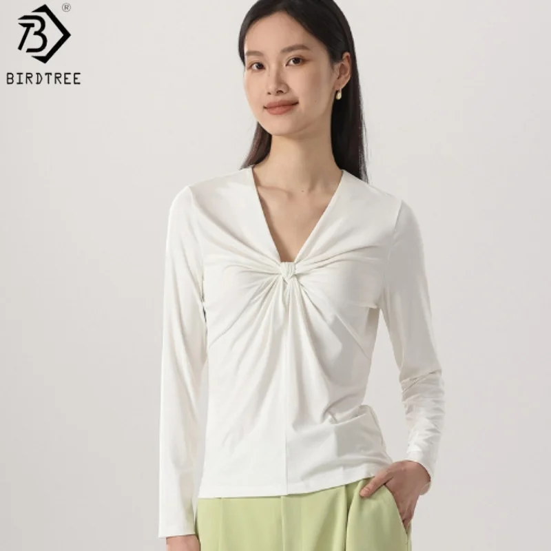 

Birdtree 6% Mulberry Silk 83.5% Viscose T-shirt,Women Twisted V-neck Solid Color Long Sleeve Loose Blouse Top,2025 New T57025JF