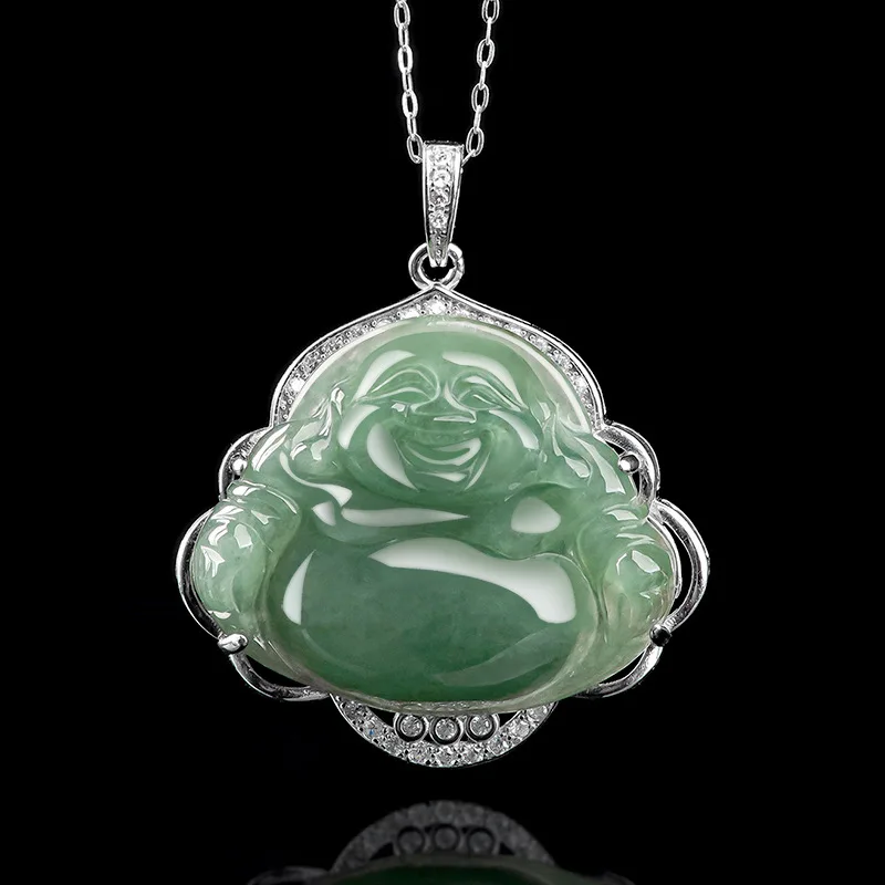 

Natural Myanmar A-goods Emerald Oil Green Gongmaitreya Buddha Pendant 925 Silver Inlaid Necklace Ice Jade Charms Drop Shipping