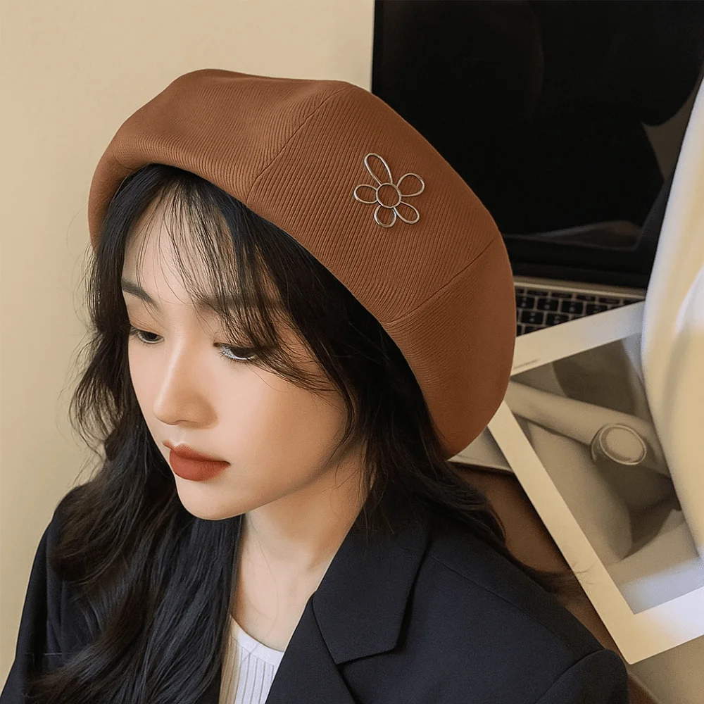 

Elegant Flower Women Berets Big Head Circumference Elastic British Painter Caps Solid Color Keep Warm Artist Hat Autumn