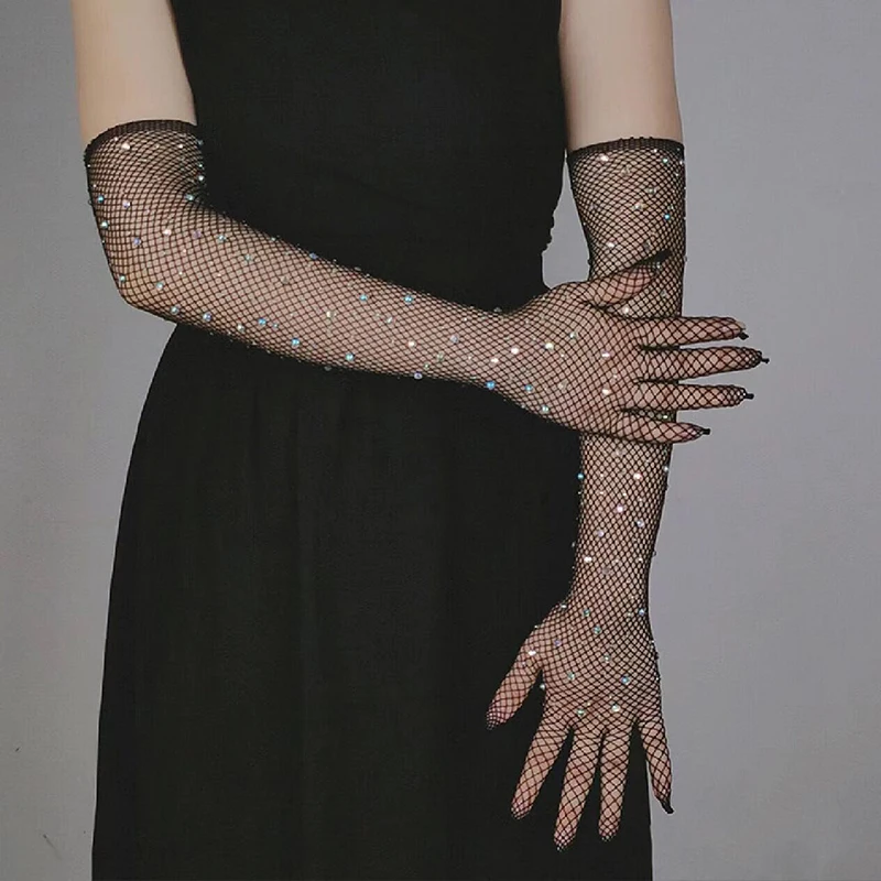 Sexy Elastic Rhinestones Mesh Gloves Fishing Net Arm Sleeve Women Diamond Full Finger Thin Long Gloves Club Music Party Clothing