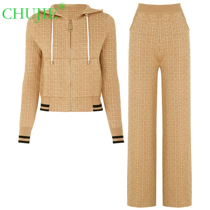 

CHUJIE 2025 весенне-осенний новый модный и повседневный комплект из плотной вязки в стиле интернет-знаменитостей, повседневный стиль, верхнее пальто + брюки