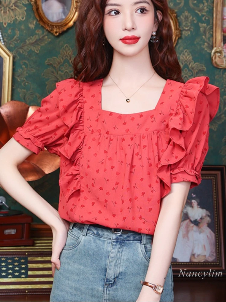 

French Style Floral Chiffon Blouse Women's Summer Top 2024 New Design Sense Niche Chic Western Style Ruffle Top Blusas Mujer