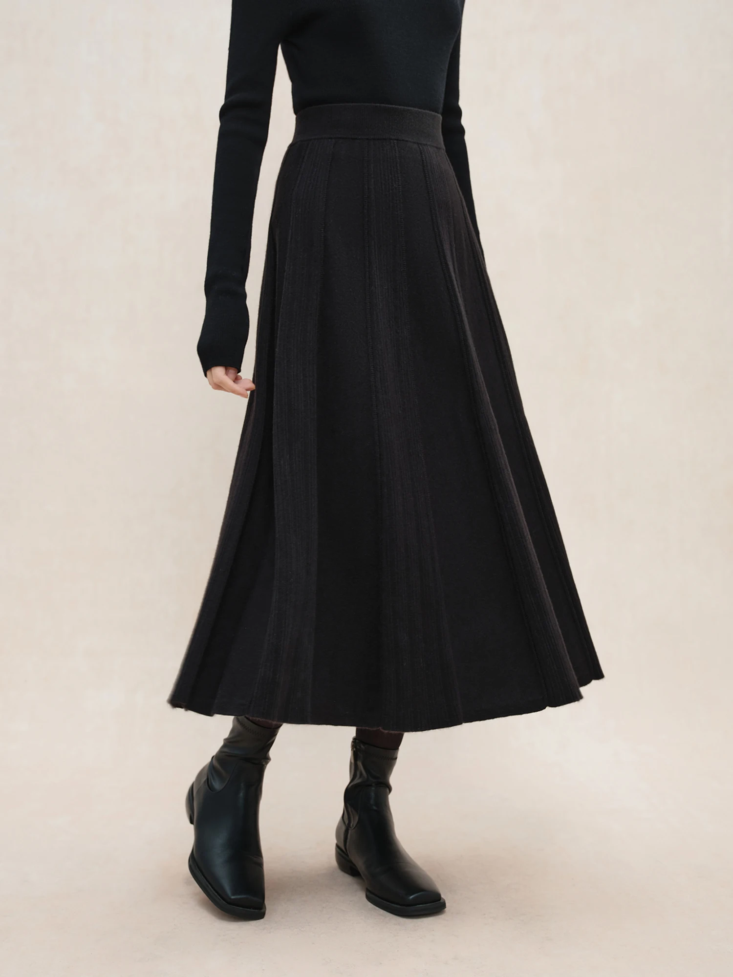 ZIQIAO Women Winter Knitted Skirts High Waist Thick Black Commuter Long A-LINE Skirts Office Lady Winter Simple Skirt 24ZQ94337