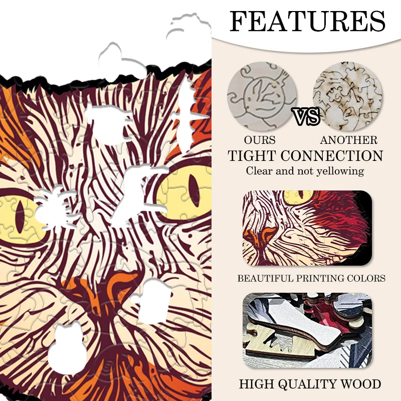 Quebra-cabeça de madeira em forma de gato fofo, ferramentas educacionais infantis, jogos interativos entre pais e filhos, nano cola grátis para colar