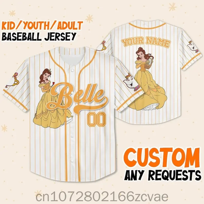 Summer New Disney Belle Princess Baseball Jersey Outdoor Sports Style Casual Jersey Men's and Women's Custom Name T-shirt