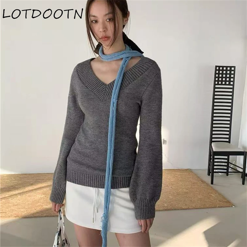 LOTDOOTN Korean Dongdaemun Sle V-neck Sweater Slim Fit Warmth Waist-cinching Body-shaping Knitted Tops Full Sleeve Solid Color