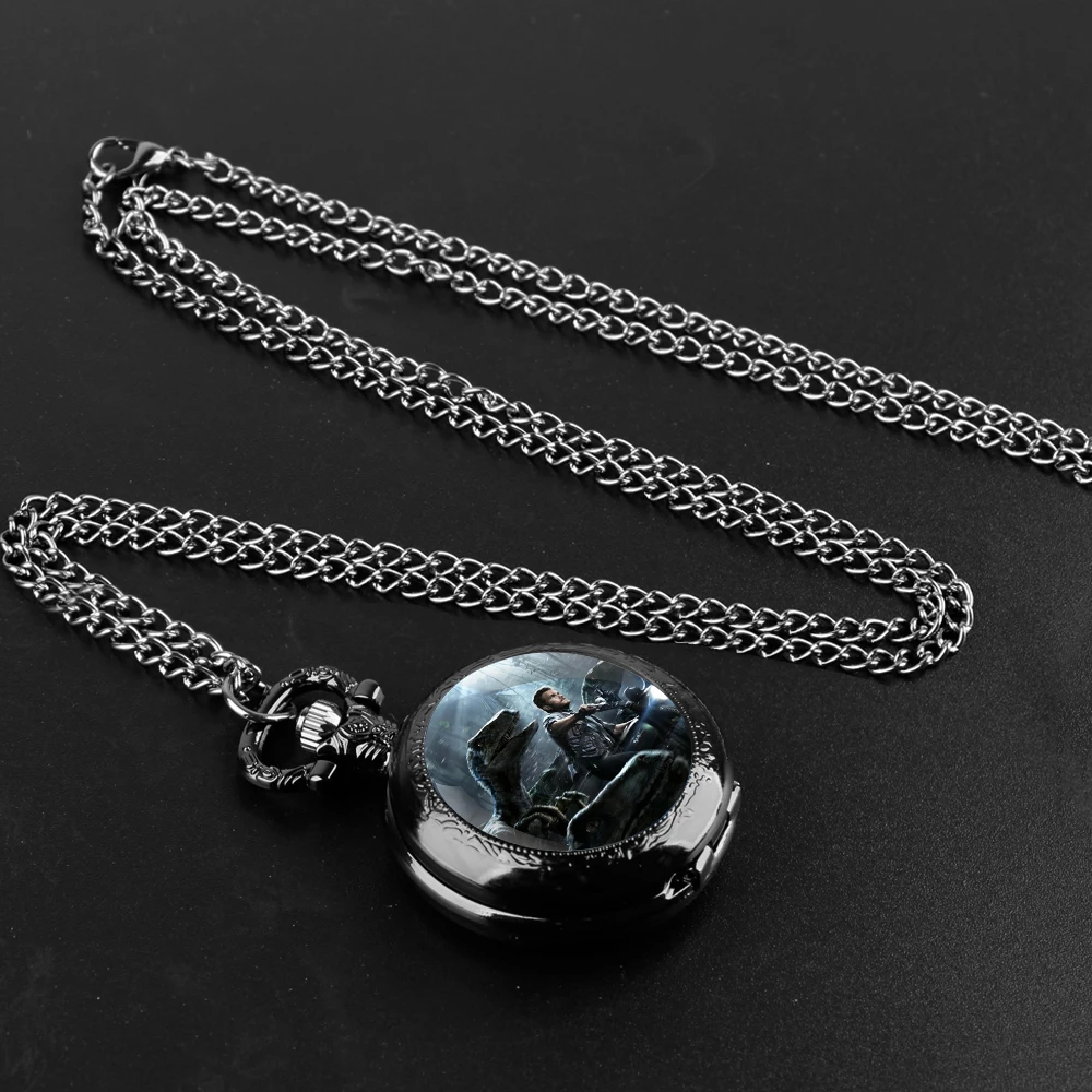 Dino-Themed World Glass Dome Quartz Pocket Watch: Boasting a Durable Chain and Arabic Numeral Face Top Halloween Gifts for Men