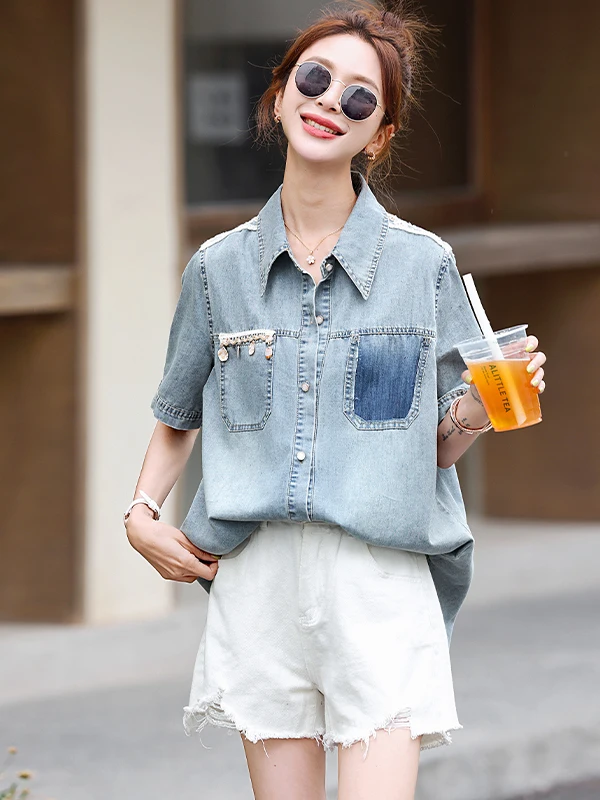 

Sli Blue ort Sve Denim irt, женская летняя тонкая повседневная верхняя одежда irt, новинка 2025, модный топ, свободный крой с воротником