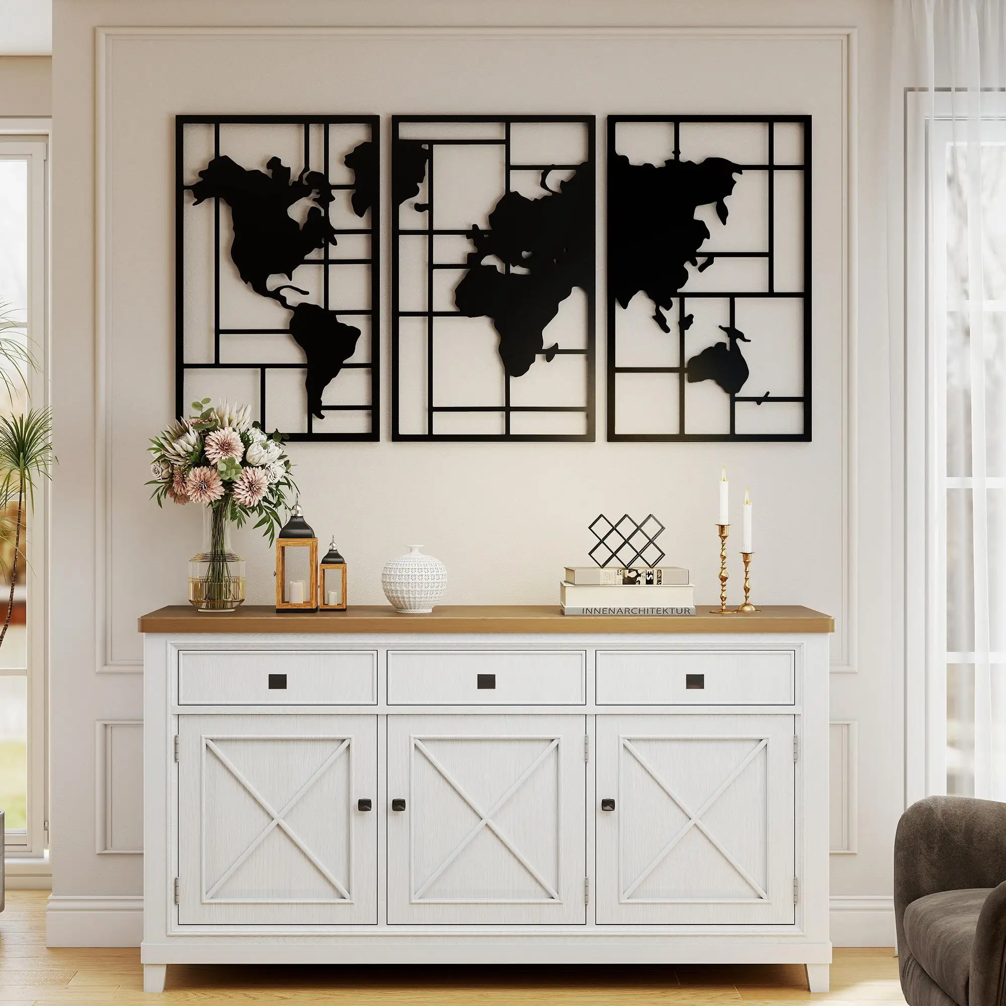 Art mural géométrique en métal, carte du monde, noir, 3 pièces, 50x80cm, pour salon, chambre, couloir