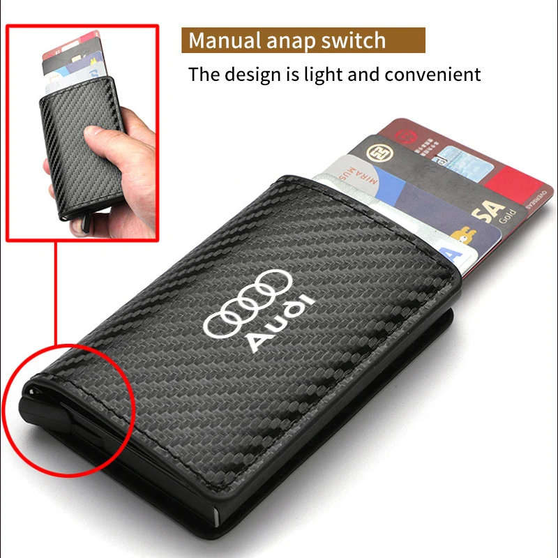 Car Logo Men's Auto Eject Card Case Carbon Waterproof Coin Purse Gift For Audi Q5 Q7 Q3 A3 A4 A6 A5 A1 S1 S3 S4 RS5 RS6 A7 A8 Q2