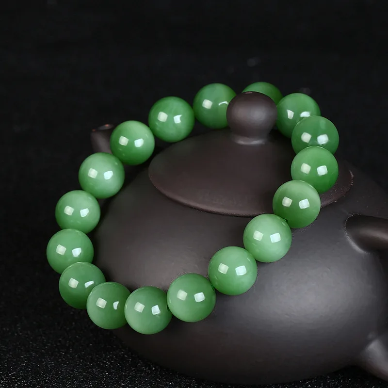 

Natural 100%real green hetian jasper cat eye carved 12mm round beads bracelets for couples woman men Gift with jade bracelet