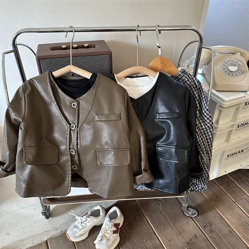 

Boys Coat Jacket Cotton Outerwear Overcoat 2023 Solid PU Spring Autumn Windproof Children's Warm Clothing