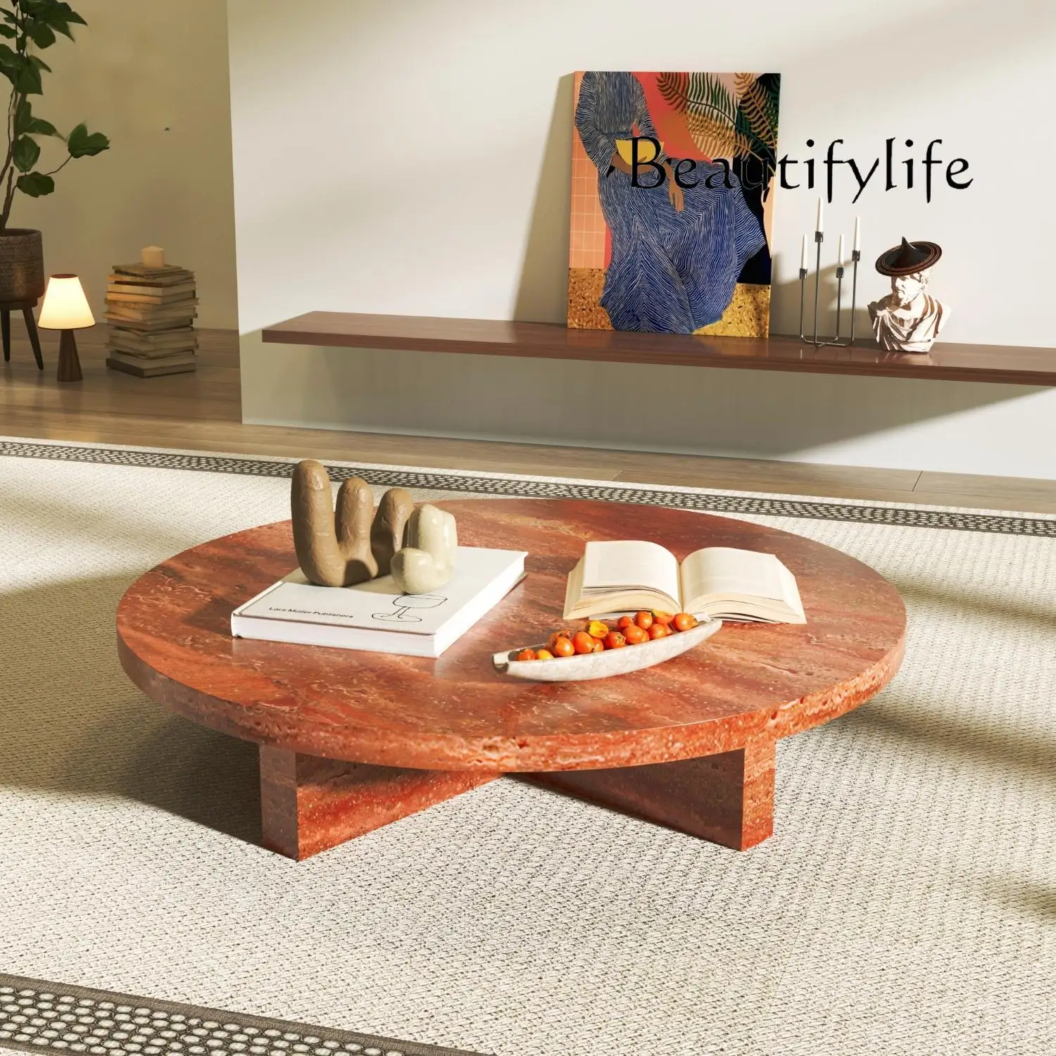 X "Pink Jade Round Coffee Table - Luxury Marble Slate Side Table For Spacious Living Room, High-End Stone Tea Table"