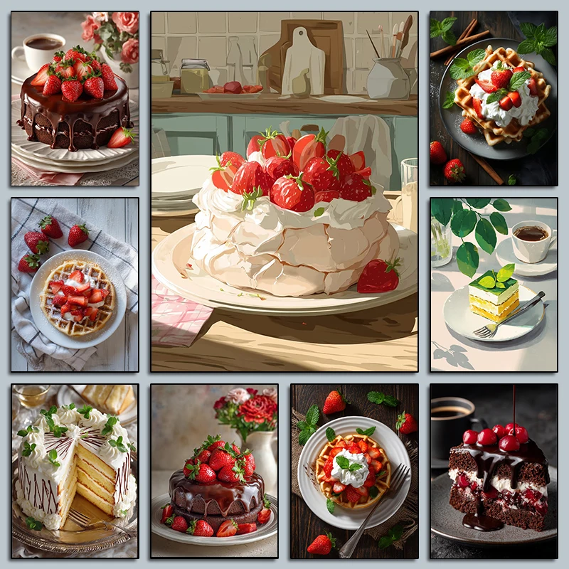 

Delicious Cake Coffee Still Life Posters Strawberries Whipped Cream Prints Diamond Painting Wall Pictures Home Living Room Dec