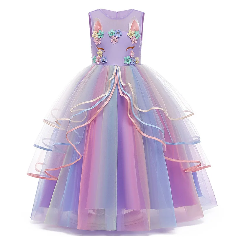 Vestido de tutú brillante de unicornio Pastel para niñas, vestido de tul con cintas, vestido de fiesta para niños, disfraz de luz LED