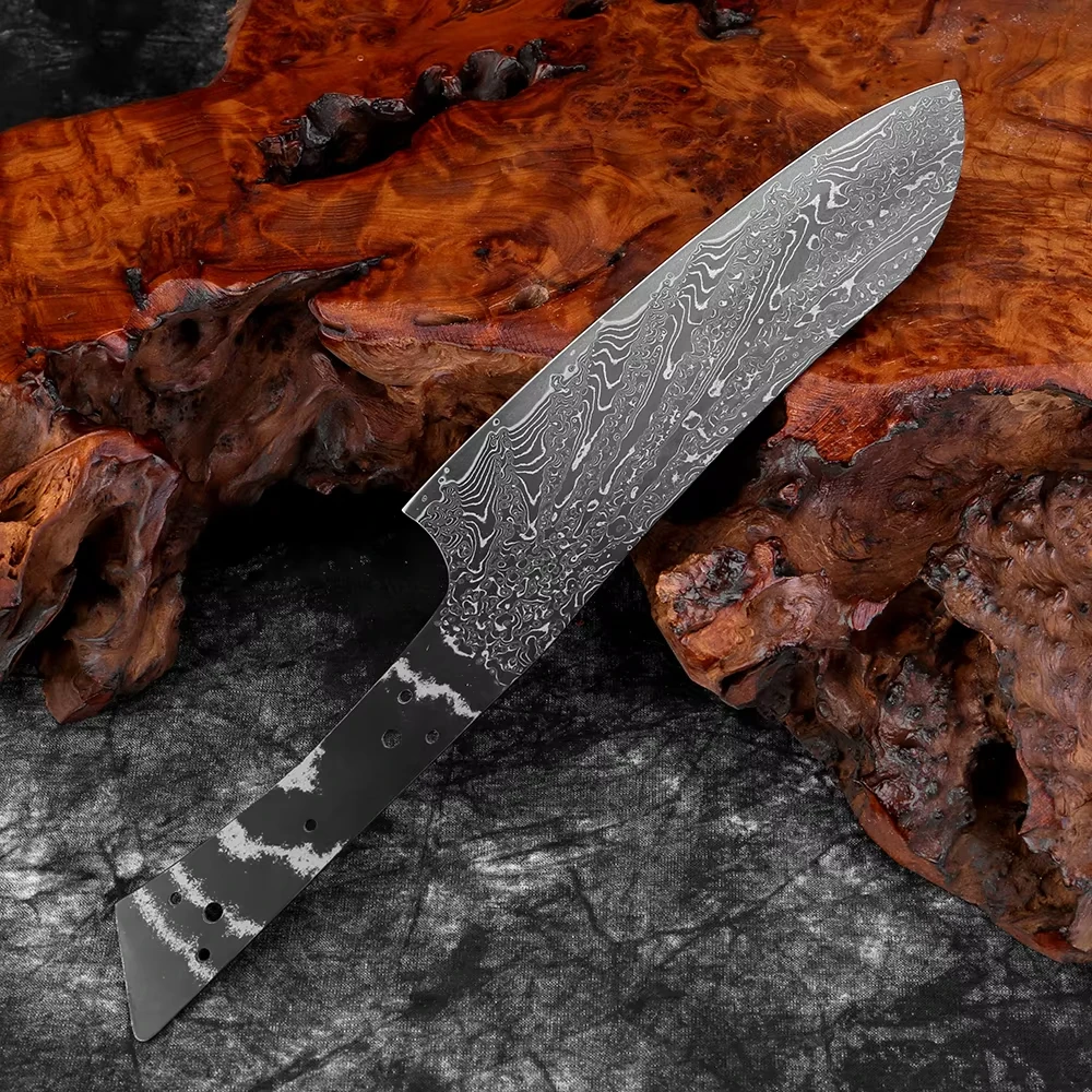 8 Zoll Damaszener Stahl Kochmesser Santoku Rohklinge – Vollständig durchgehender Stiel, schwarze Klinge, wärmebehandelt, rasiermesserscharfe Klinge, DIY für individuelle Messerherstellung