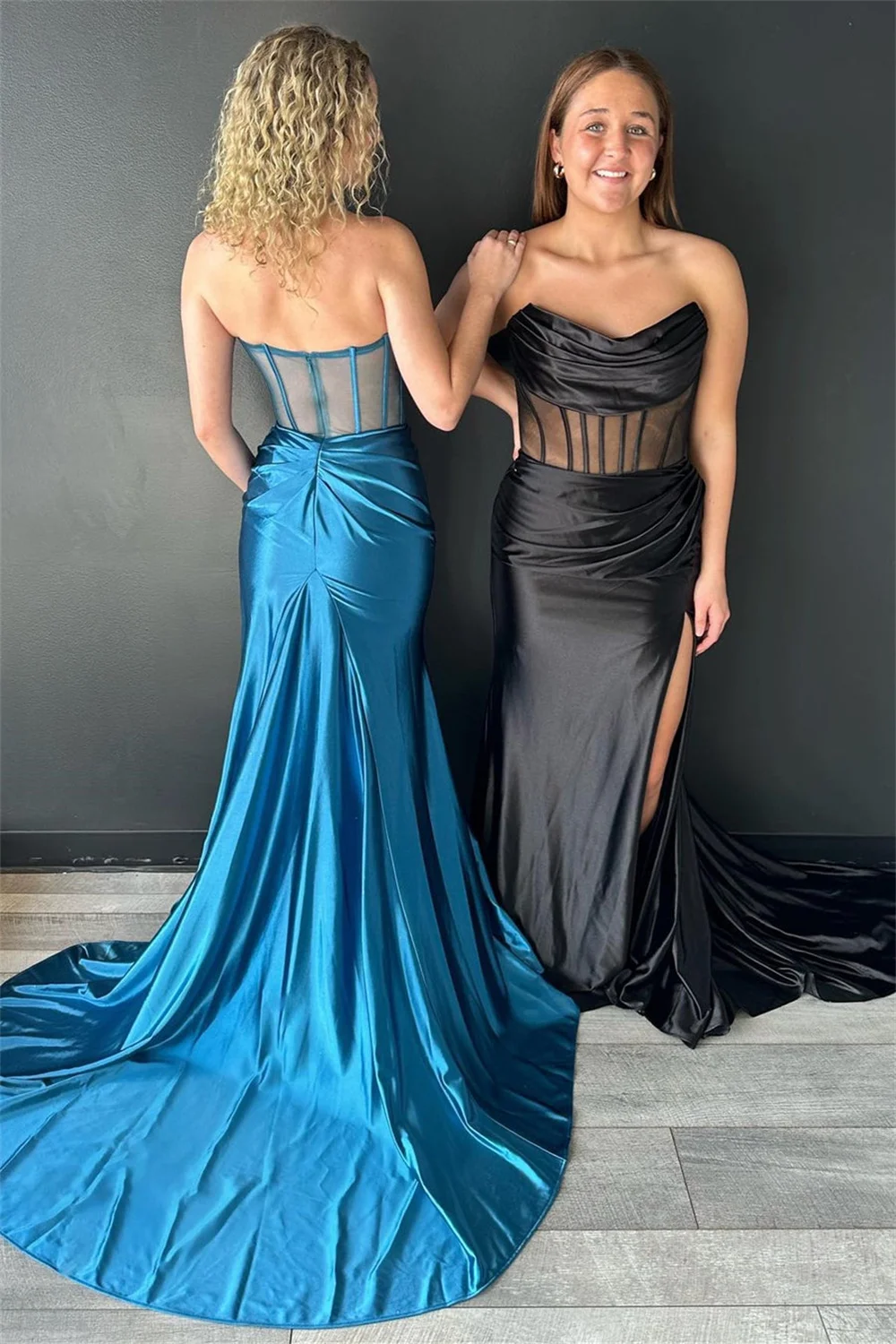 Sansa Strapless Satin Prom Dress Pleats Sleeveless Vestidos De Fiesta Sexy Side High Split Mermaid Cut-out Evening Dress 2024