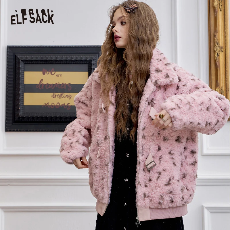 ELFSACK 2024 Winter New Arrivals Sweet cool pink leopard print thick coat for women