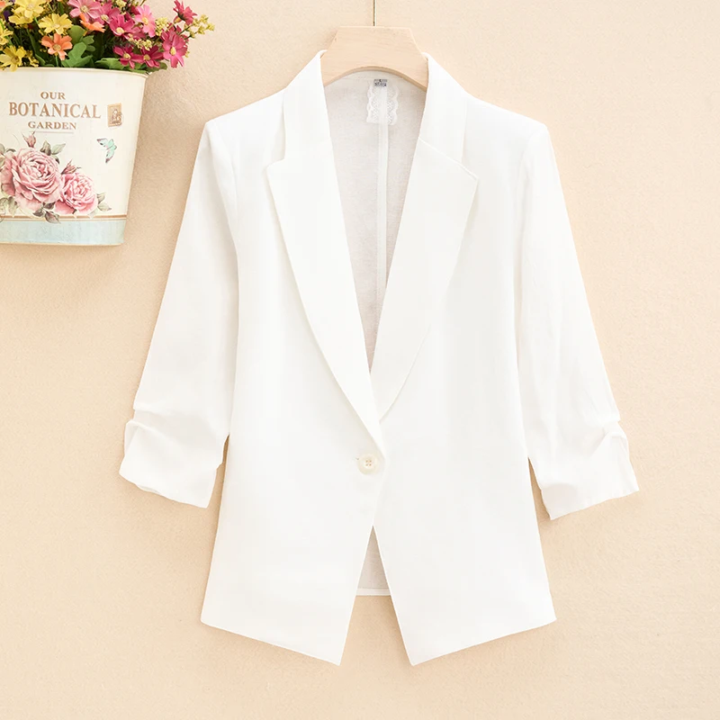 

Slim Fit White Half Sleeve Women's Jacket Summer New Style Thin Pure Linen Material Warmth Function Short Length One Button