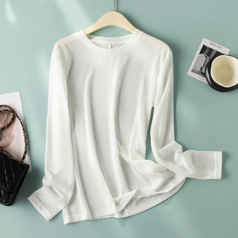 Ramie T Shirt Women Spring Summer Heather Long Sleeve Light Weight See Through Tees