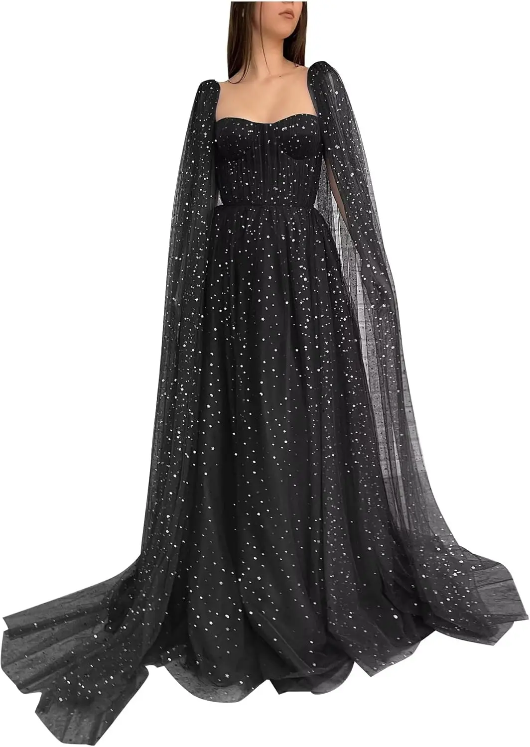 Sparkle Starry Tulle Prom Dresses with Cape Long Ball Gowns Sweetheart A-line Formal Evening Gowns with Pockets Party Dresses