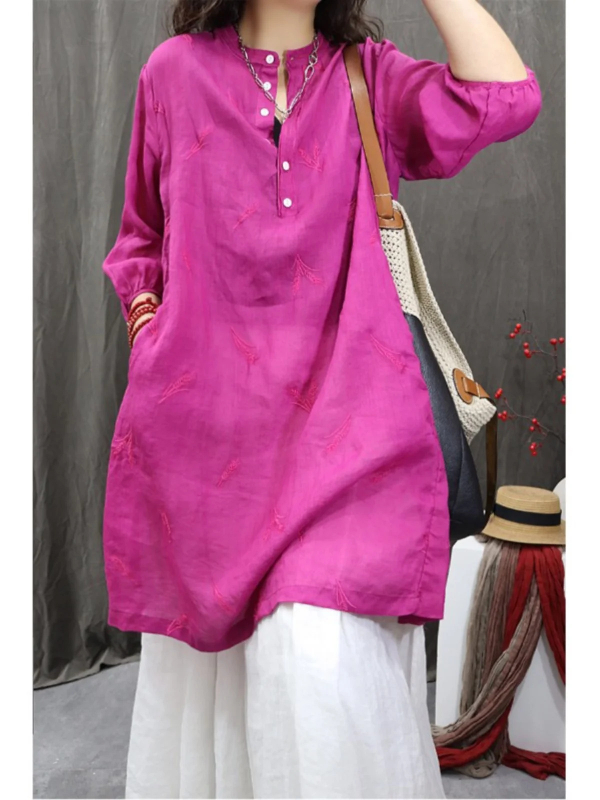 Ele blé oreille broderie léger respirant irt grande taille femme mi-longue boutonné col montant sept-saves Su...