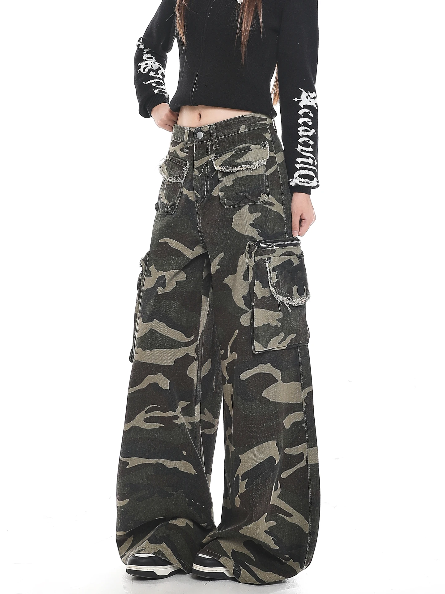 American Style Spicy Girl Camouflage Multi-Pocket Denim Pants High Waist Loose Fit Casual Wide Leg Long Trousers for Women