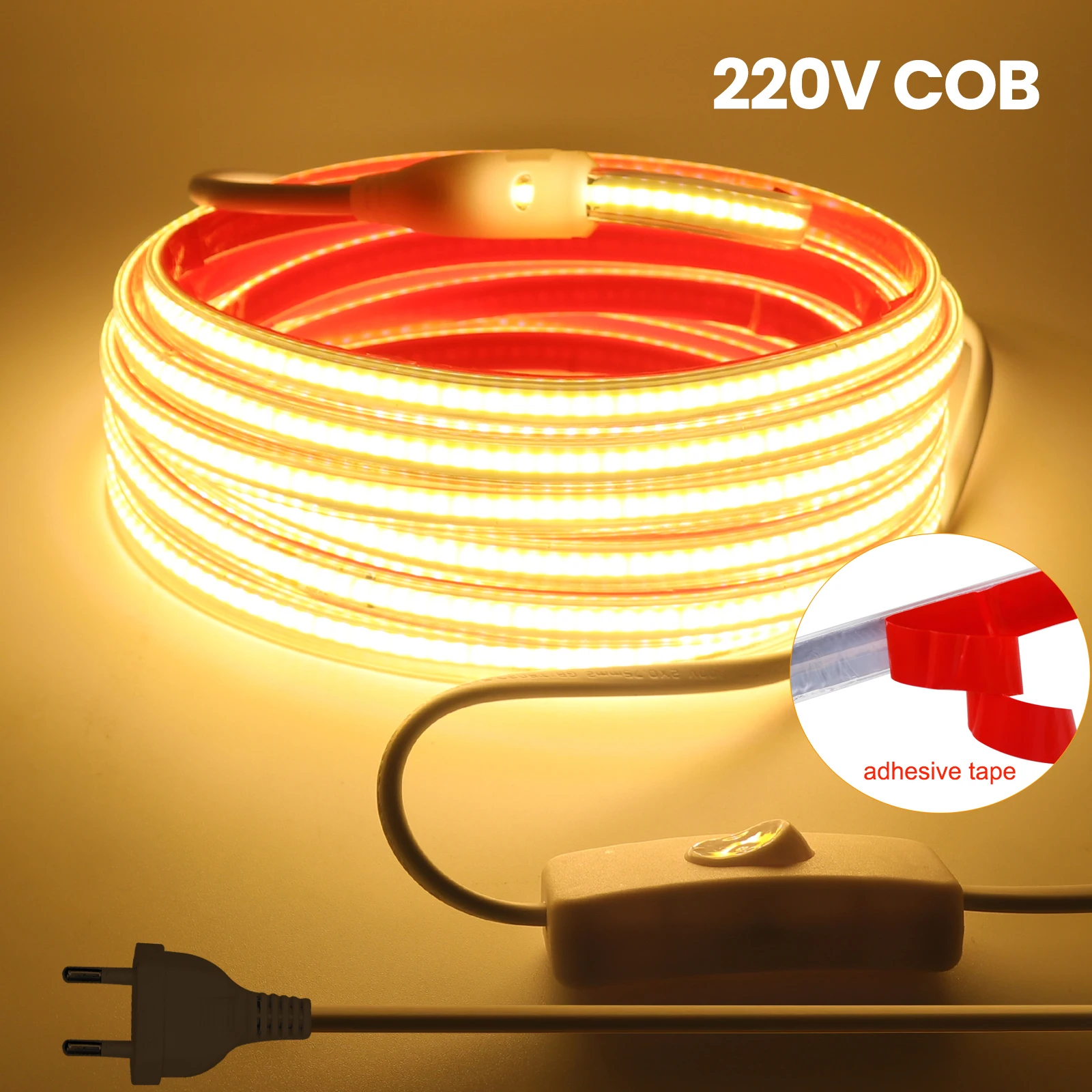 Taśma LED COB 220V Elastyczna taśma LED 220V z taśmą samoprzylepną 288LEDs Światło liniowe o dużej gęstości Wodoodporna wtyczka przełącznika światła