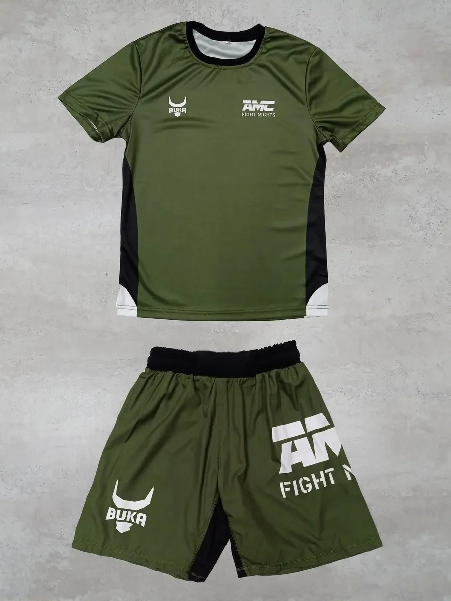 

2026 Fight Nights Olive Green New Training Set Men Rash Guard and Shorts for Combat Sports Breathable Quick Dry Sportswear