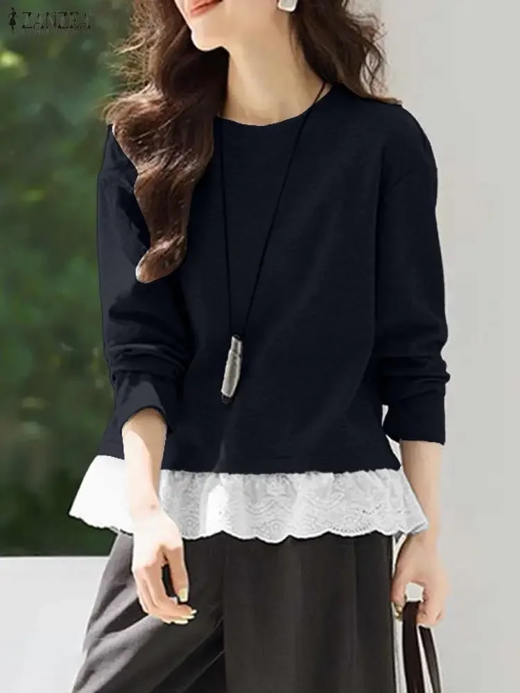 2025 ZANZEA Fashion Women Pullovers Sweatshirts Lace Patchwork Solid Jumpers Autumn Long Sleeve Casual Elegant Street Blusas