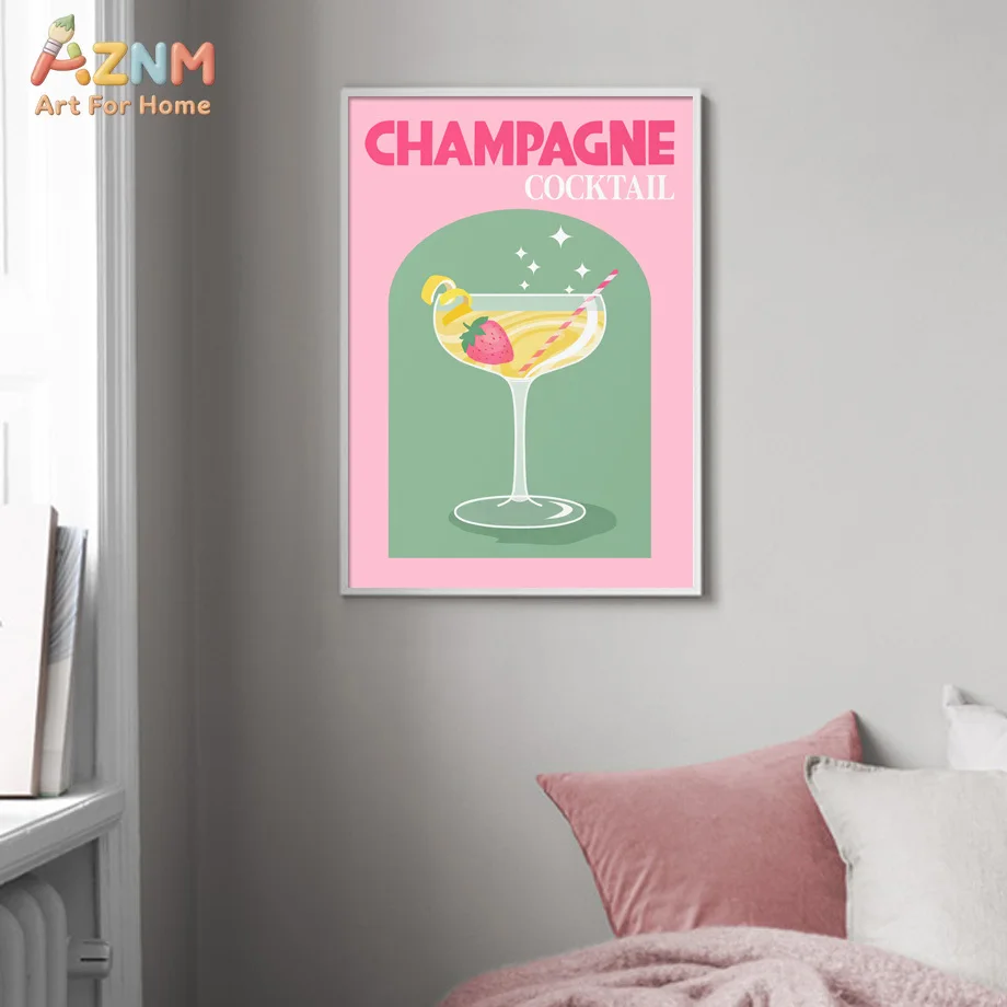 AZNM Champagne Cocktail Canvas Wall Art Retro Pink Green Strawberry Wine Glass Bar Kitchen Cute Aesthetic Unframed Home Decor Pr