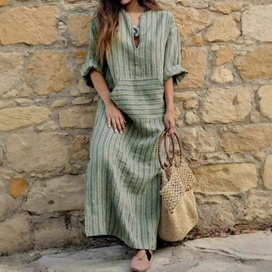 

Cotton Linen Striped Loose Fit Maxi Dress Women Summer Casual Vacation Beach Dress