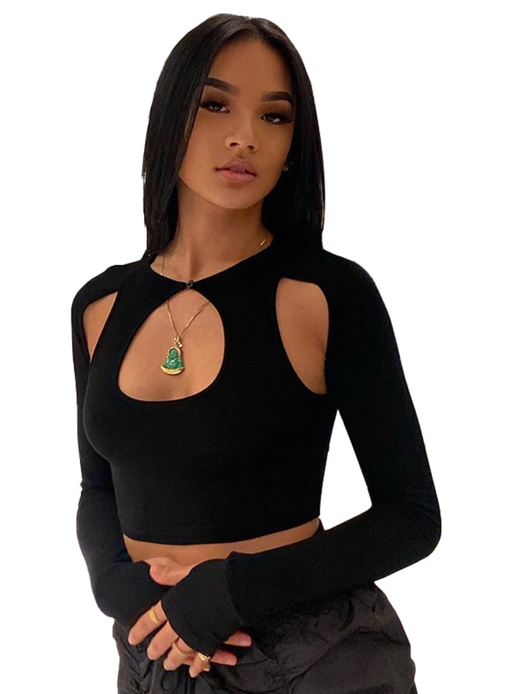 تي شيرت نسائي أسود بأكمام طويلة قصير ، توب جرانج ، تي شيرت نادي جمالي ، رقبة مستديرة ، مثير ، جانبي ، صيفي ، #6