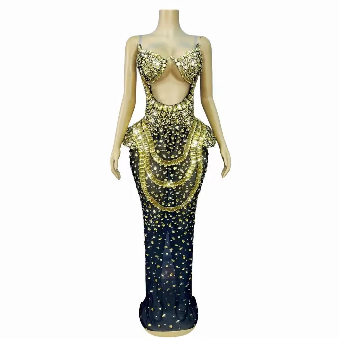 Robe longue en strass scintillants pour femmes, maille Sexy transparente, robe de soirée d'anniversaire, vêtements de séance photo