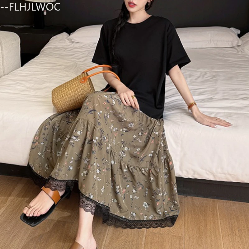 ชุดหลวมผู้หญิง Vestidos ยุโรปสไตล์ผู้หญิง 2025 ฤดูร้อน Patchwork ลูกไม้สีดํา Ruffles สีดําผ้าฝ้ายผสมเสื้อยืดชุด