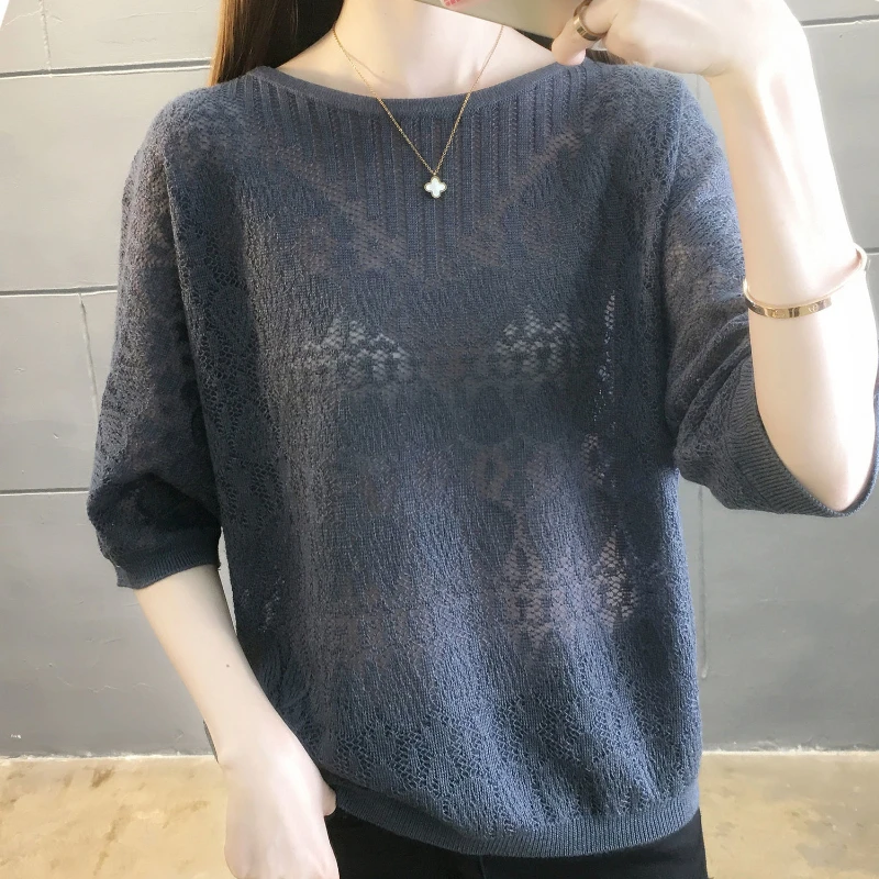 Sweet Fashion Spring/Summer Pullovers Women\'s O-Neck Solid Hollow Out Lace Batwing Sleeve Temperament Casual Loose Knitting Tops