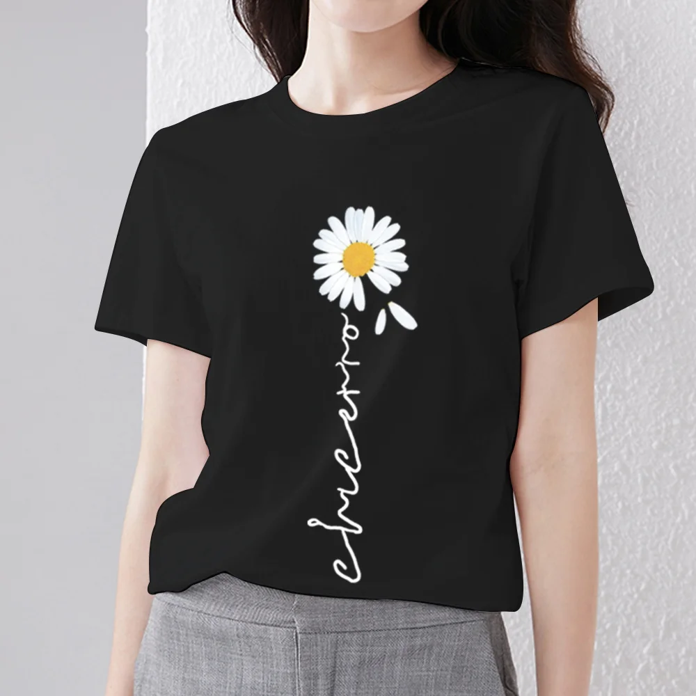 

Women's T-shirt Casual Slim Round Neck Black Basic Soft Classic Daisy Pattern Print Breathable Comfortable Youth Women's Top